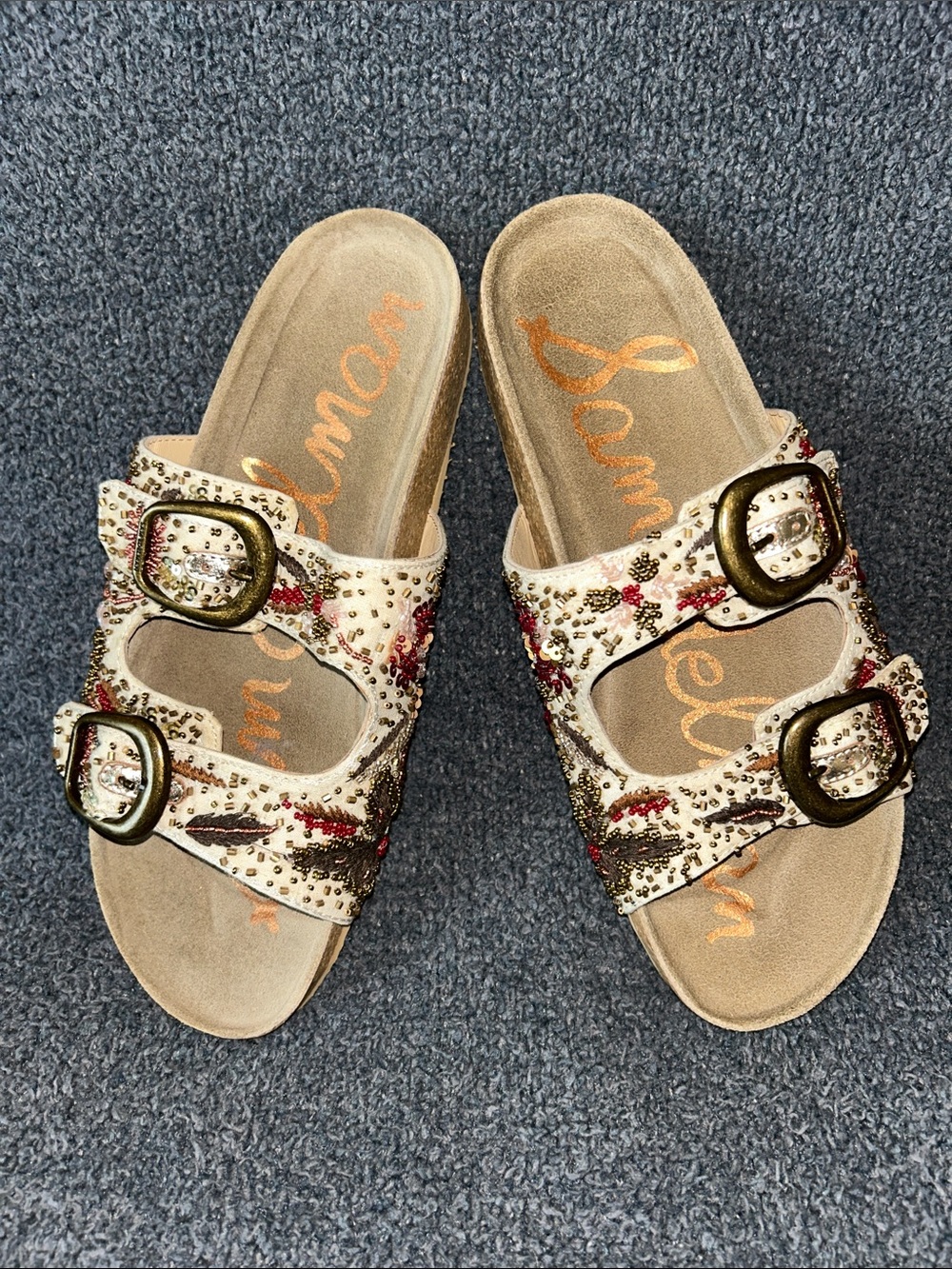 Sam Edelman Embellished Beige Double-Buckle Slide Mules